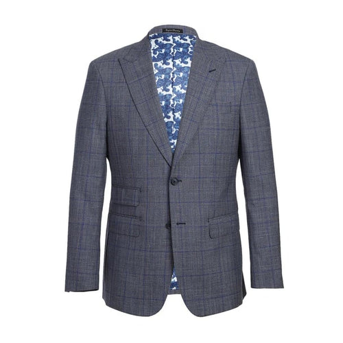 English Laundry Suits Designer Brand - Wool Silk and Linen Double Breasted Slim Fit Grey and Blue Windowpane Check by English Laundry