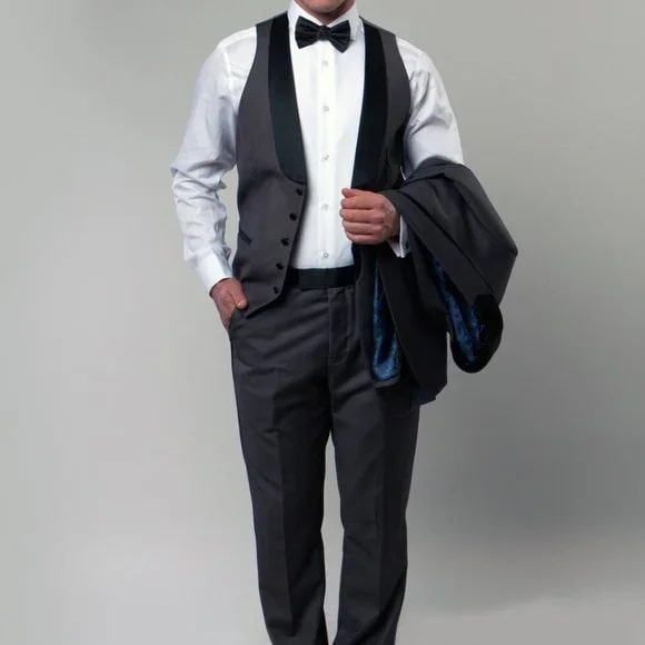 White Paisley Tuxedo Suit w/ Black Satin Shawl Collar by Tazio - 38 Short Jacket+32 Waist Adjustable 28to34)(Height: 5 4 to5 7 )(Neck 15-16.5)S-M)