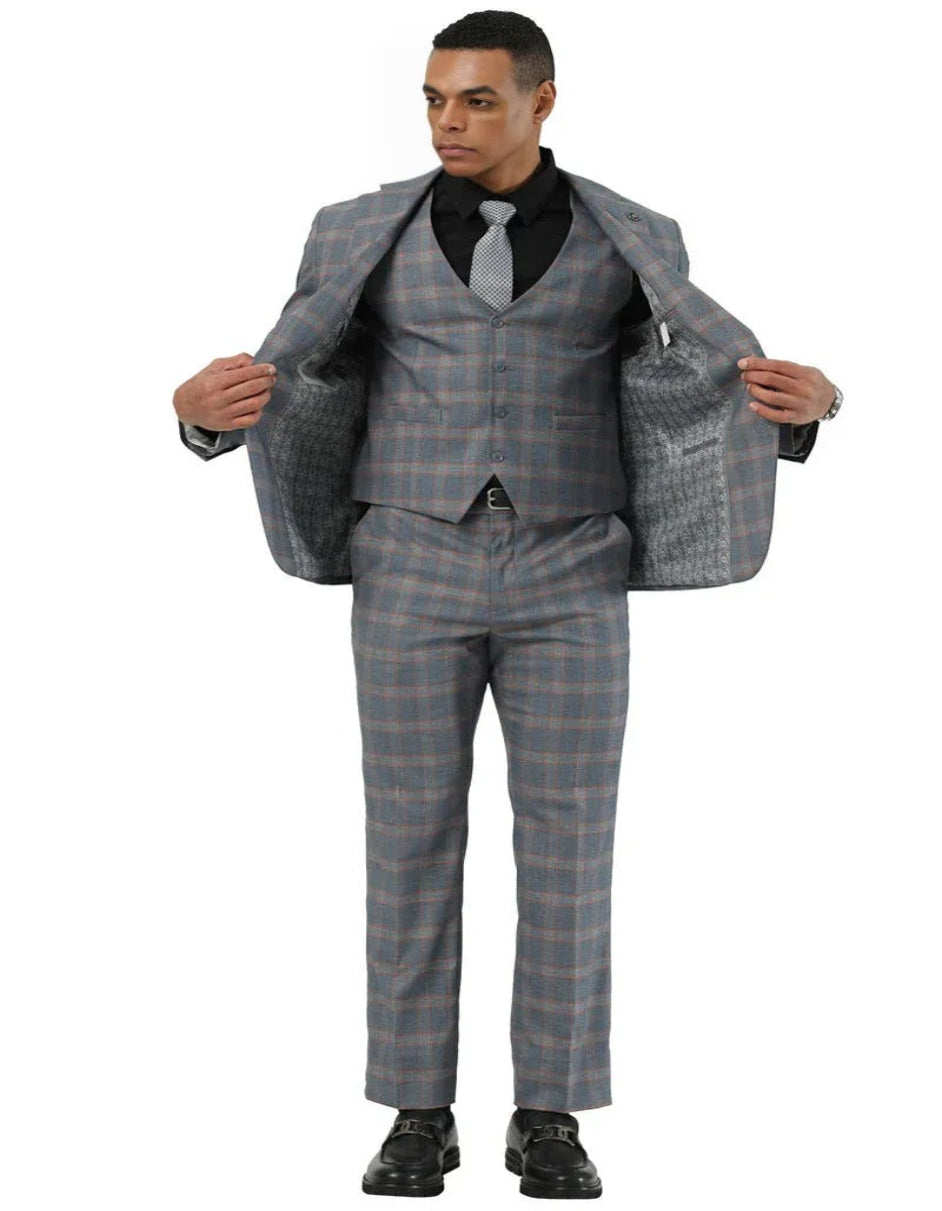 Big and Tall Business Suits - Suits For Big Man - Large Men's Grey Windowpane Vested Suits - 38 Short Jacket+32 Waist Adjustable 28to34)(Height: 5’4”to5’7”)(Neck 15-16.5)S-M)ggg