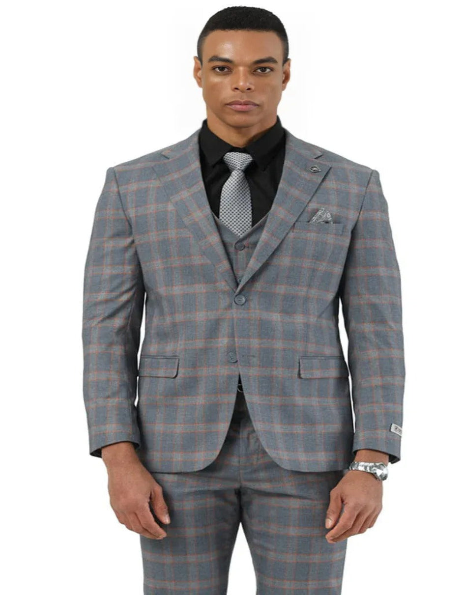 Big and Tall Business Suits - Suits For Big Man - Large Men's Grey Windowpane Vested Suits - 38 Short Jacket+32 Waist Adjustable 28to34)(Height: 5’4”to5’7”)(Neck 15-16.5)S-M)ggg