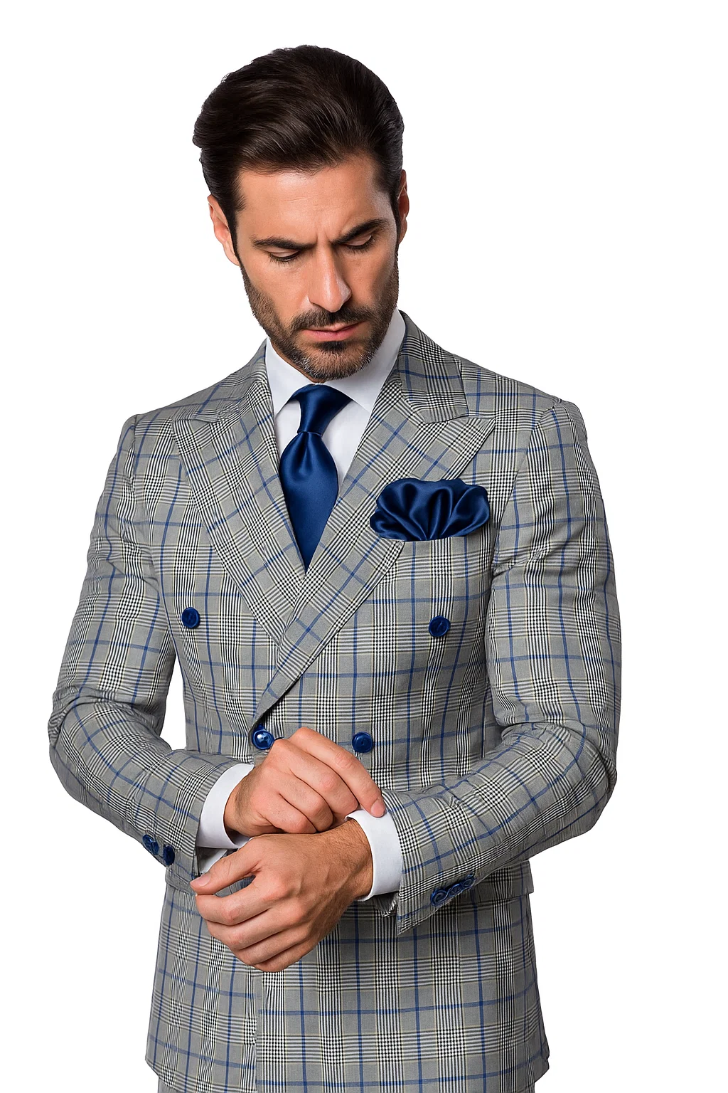 Suits With Baggy Pleated Pants - Wide Leg Pants 100% Wool - Classic Fit in Color Grey with Blue Plaid by Rossiman - 38 Regular
