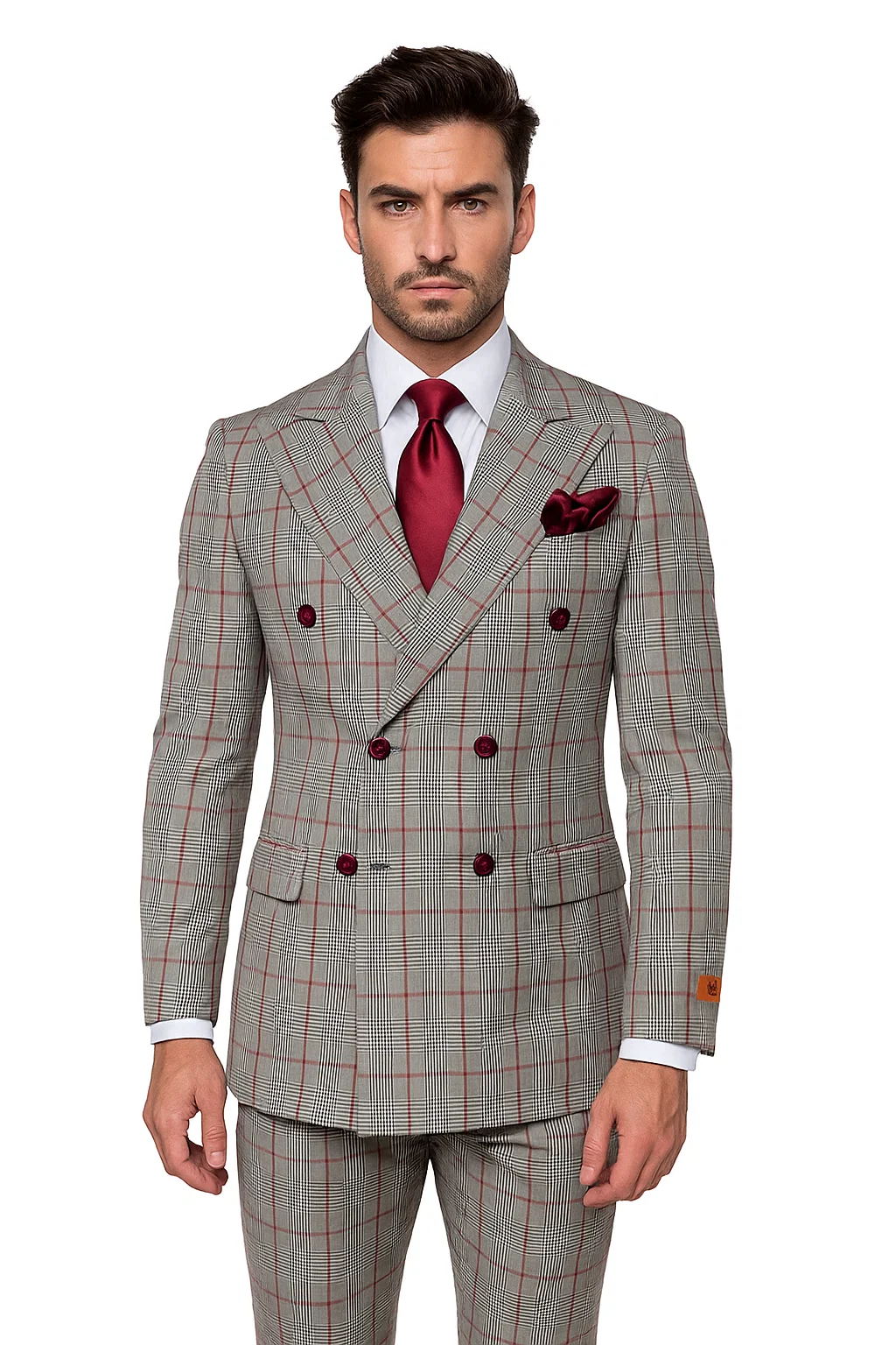 Suits With Baggy Pleated Pants - Wide Leg Pants 100% Wool - Classic Fit in Color Grey with Red Plaid by Rossiman - 38 Regular
