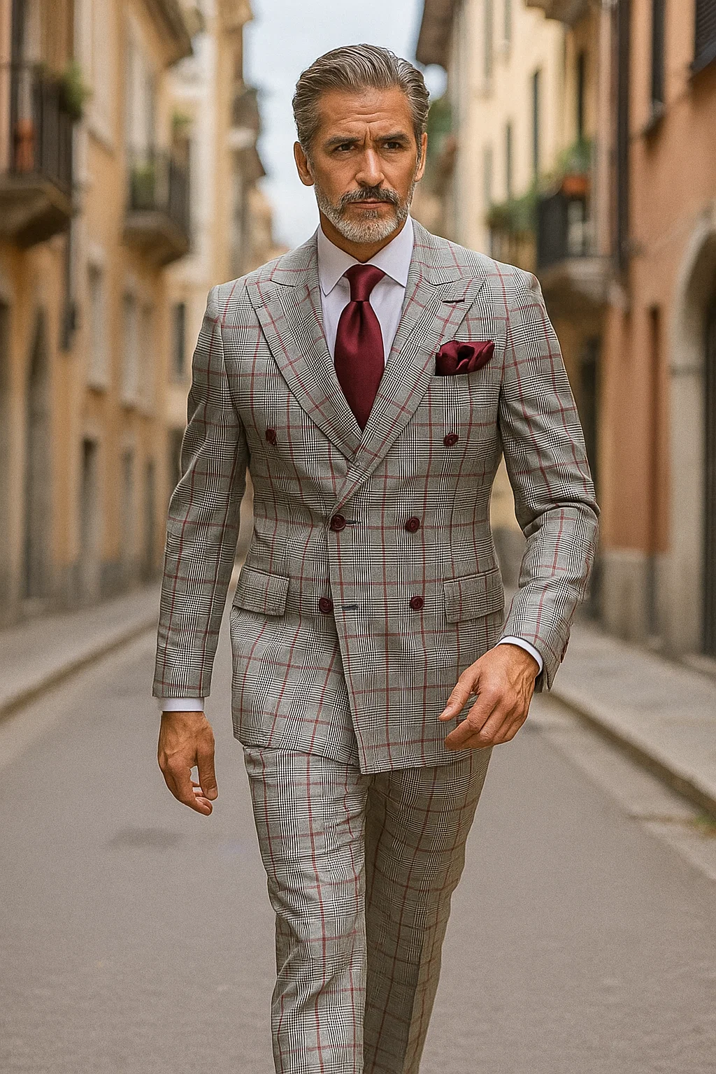 Suits With Baggy Pleated Pants - Wide Leg Pants 100% Wool - Classic Fit in Color Grey with Red Plaid by Rossiman - 38 Regular