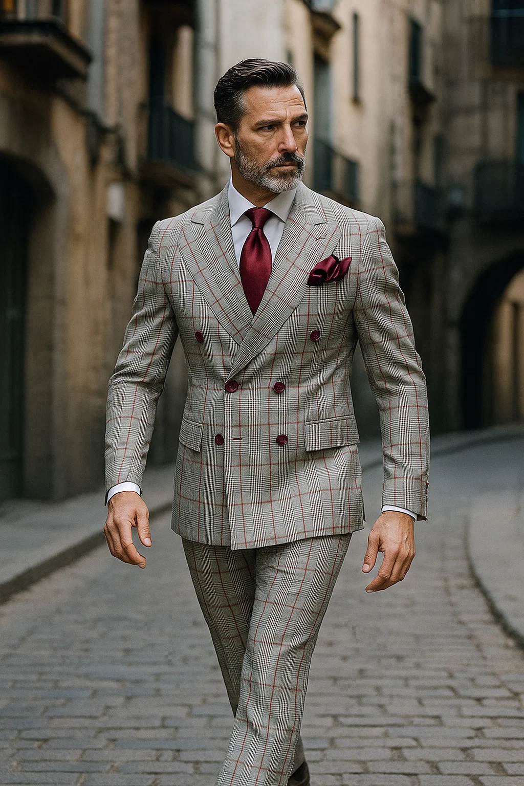 Suits With Baggy Pleated Pants - Wide Leg Pants 100% Wool - Classic Fit in Color Grey with Red Plaid by Rossiman - 38 Regular
