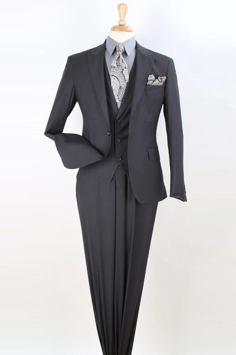 "Charcoal Grey Modern Fit Men's Suit - One Button, Peak Lapel, Vested"