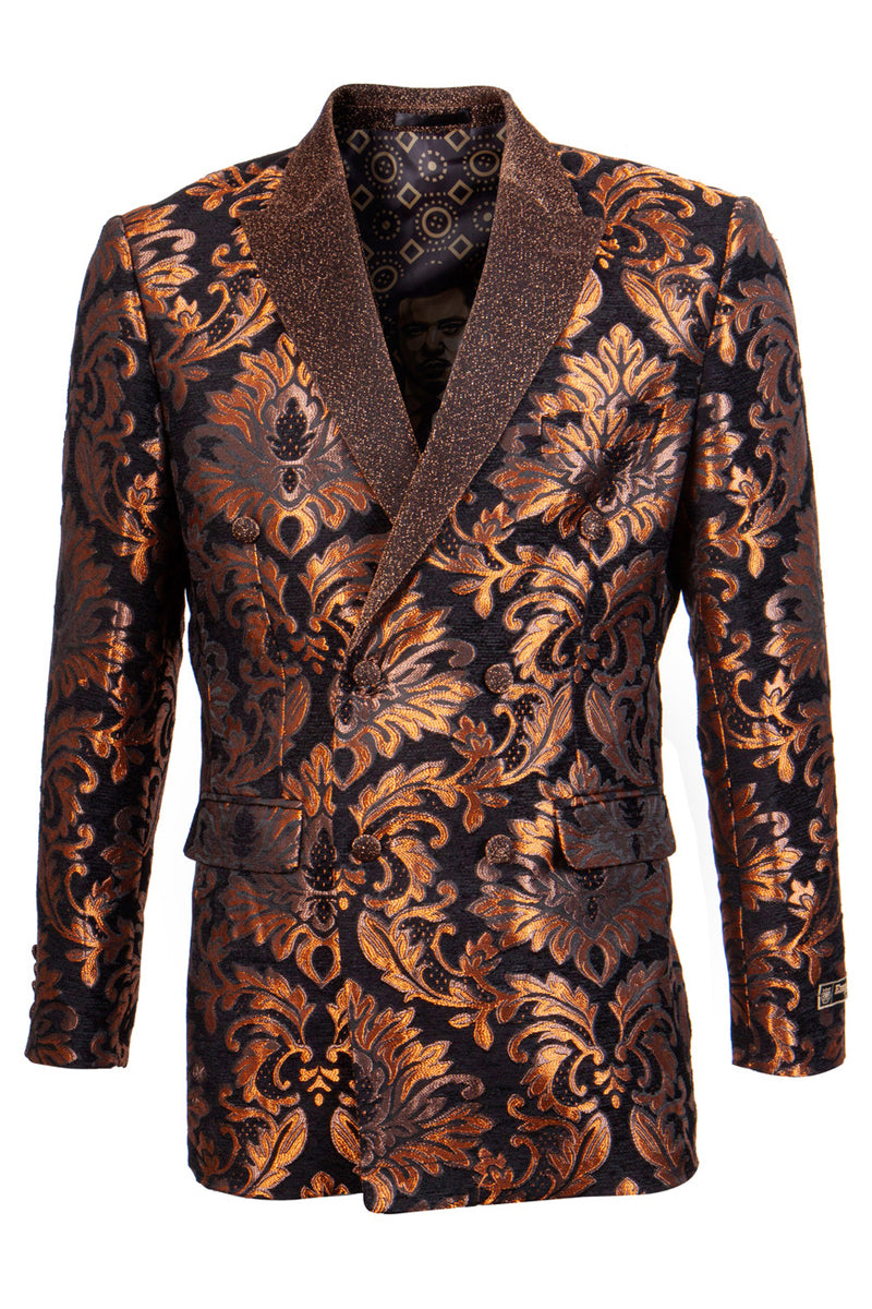 "Rust Floral Brocade Tuxedo Jacket - Men's Double Breasted Shiny"