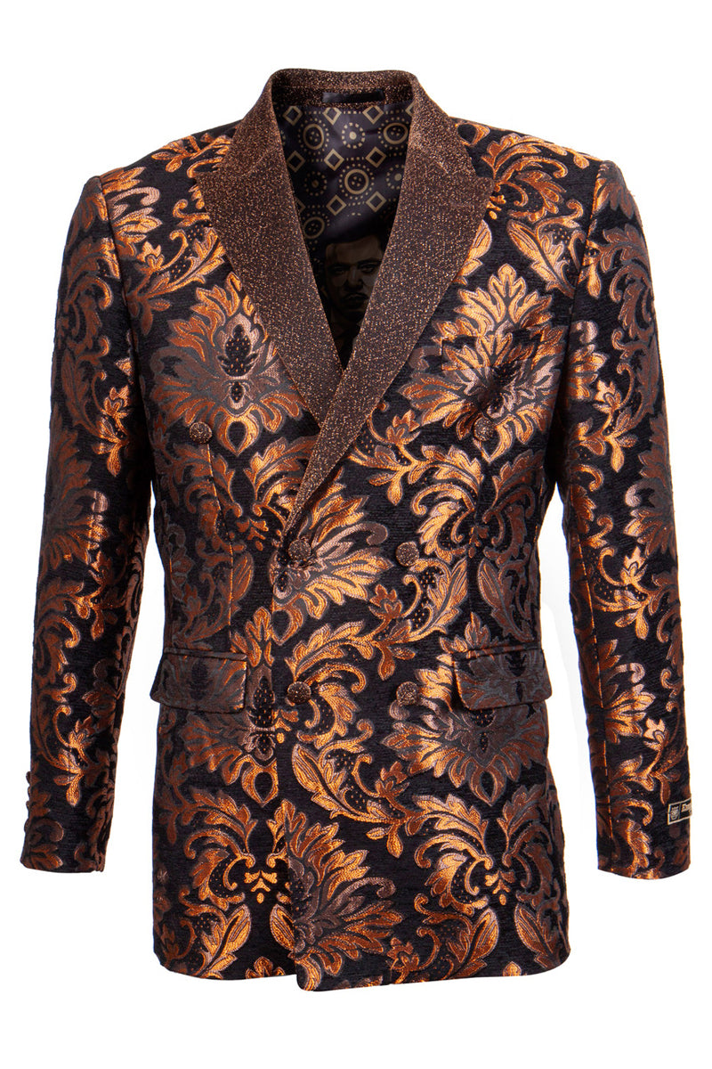 "Rust Floral Brocade Tuxedo Jacket - Men's Double Breasted Shiny" - X-Small