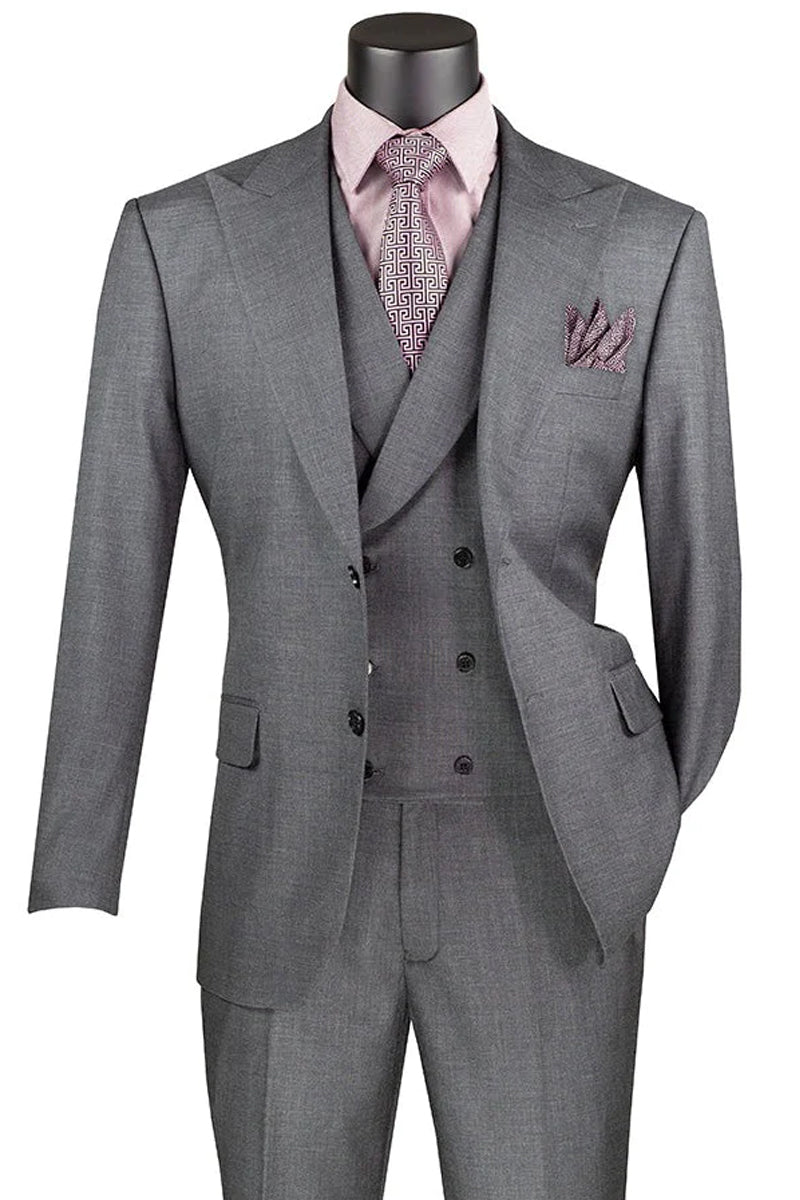 Sharkskin Charcoal Grey Men's Summer Suit with Double Breasted Vest - 38 Regular