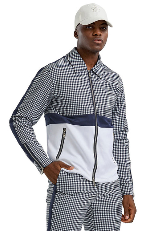 Houndstooth Men's Casual Walking Jacket & Pant Set in Navy Blue