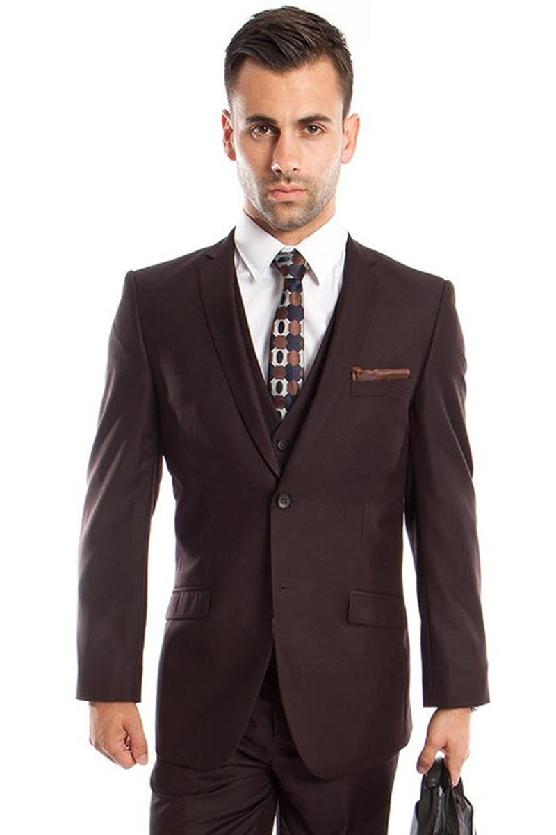 Brown Slim Fit Men's Wedding Suit - Two Button Basic Vested