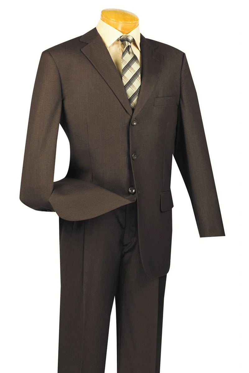 Mens Classic Fit 3 Button Vested Single Pleated Pant Suit in Chocolate Brown
