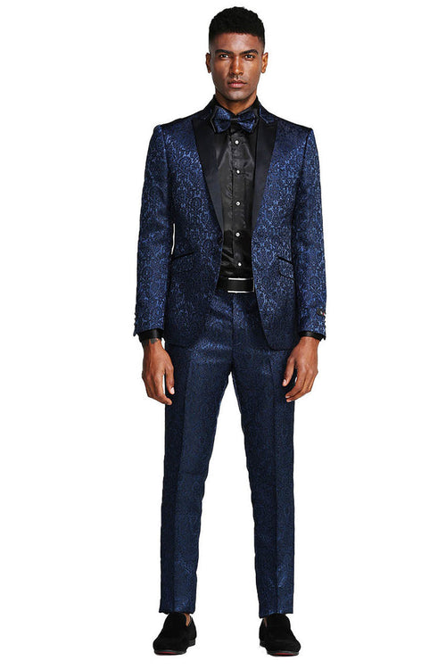"Navy Men's Slim Fit Paisley Tuxedo - One Button Wedding & Prom 2026 Suit"