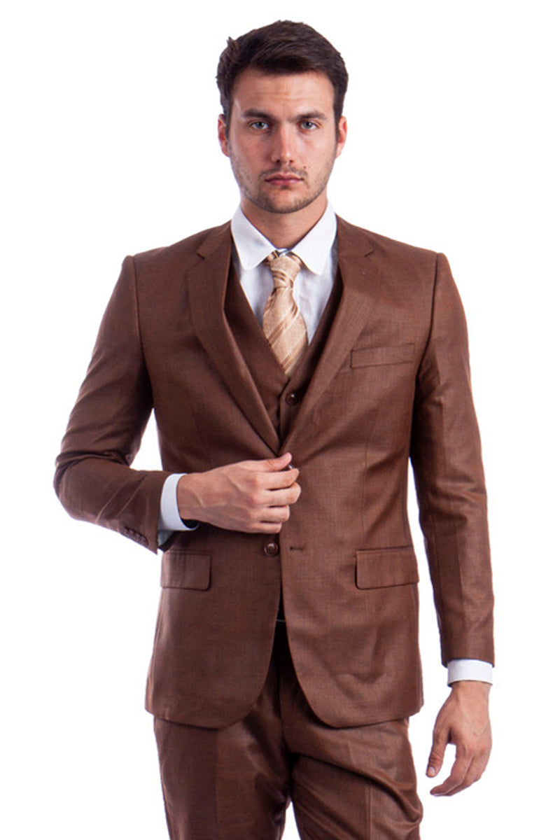 "Cognac Sharkskin Men's Wedding & Business Suit - Two Button Hybrid Fit Vested" - 34 Short