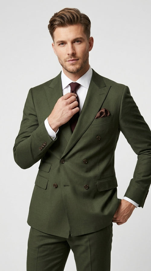 Men’s Dark Green Double Breasted Suit, Classic Formal Wedding Business Dress Suit