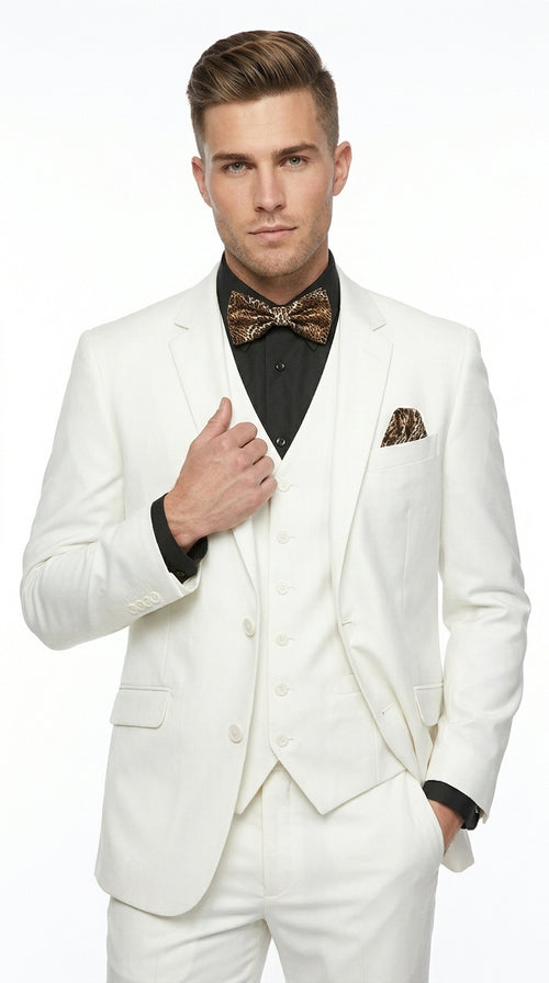 Men’s Off White 100% Wool Vested Suit, Solid Formal Wedding Prom 3 Piece Suit Set