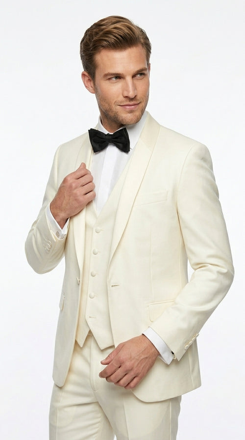 Statement Men’s Off White 100% Wool Vested Tuxedo with White Lapel, Wedding Prom Formal Suit Set