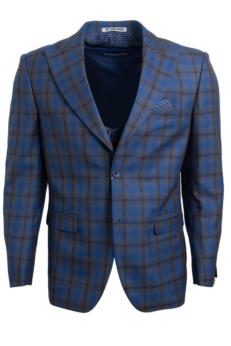 "Mens Stacy Adams Suit - Stacy Adams Suit Men's Bold Windowpane Plaid Two-Button Vested Suit - Blue/Brown" - 34 Regular