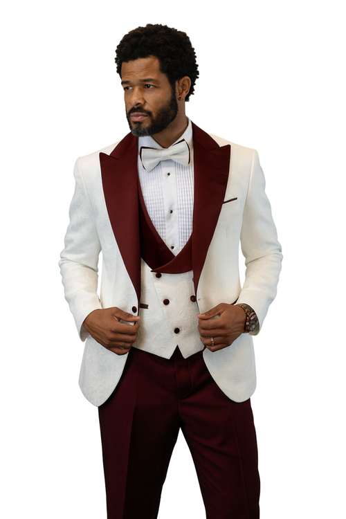 Hilton White and Burgundy Paisley Peak Lapel Tuxedo Jacket with Matching Shawl Vest and Wool Pants Includes Bow Tie
