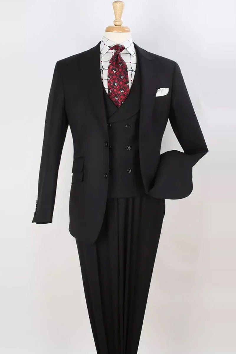 Men's Double Breasted Vest with Wide Peak Lapel Black Suit - New Arrival - 38 Regular