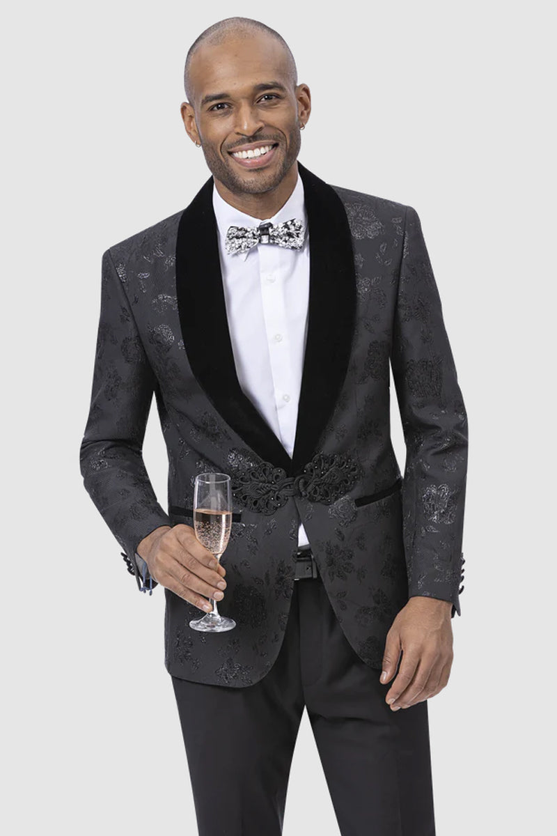 "Black Paisley Prom Tuxedo Jacket - Men's Shiny Smoking Style"