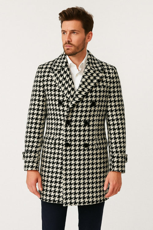 Mens Houndstooth Double-Breasted Wool Peacoat Black and White Wool Short Coat Slim Fit