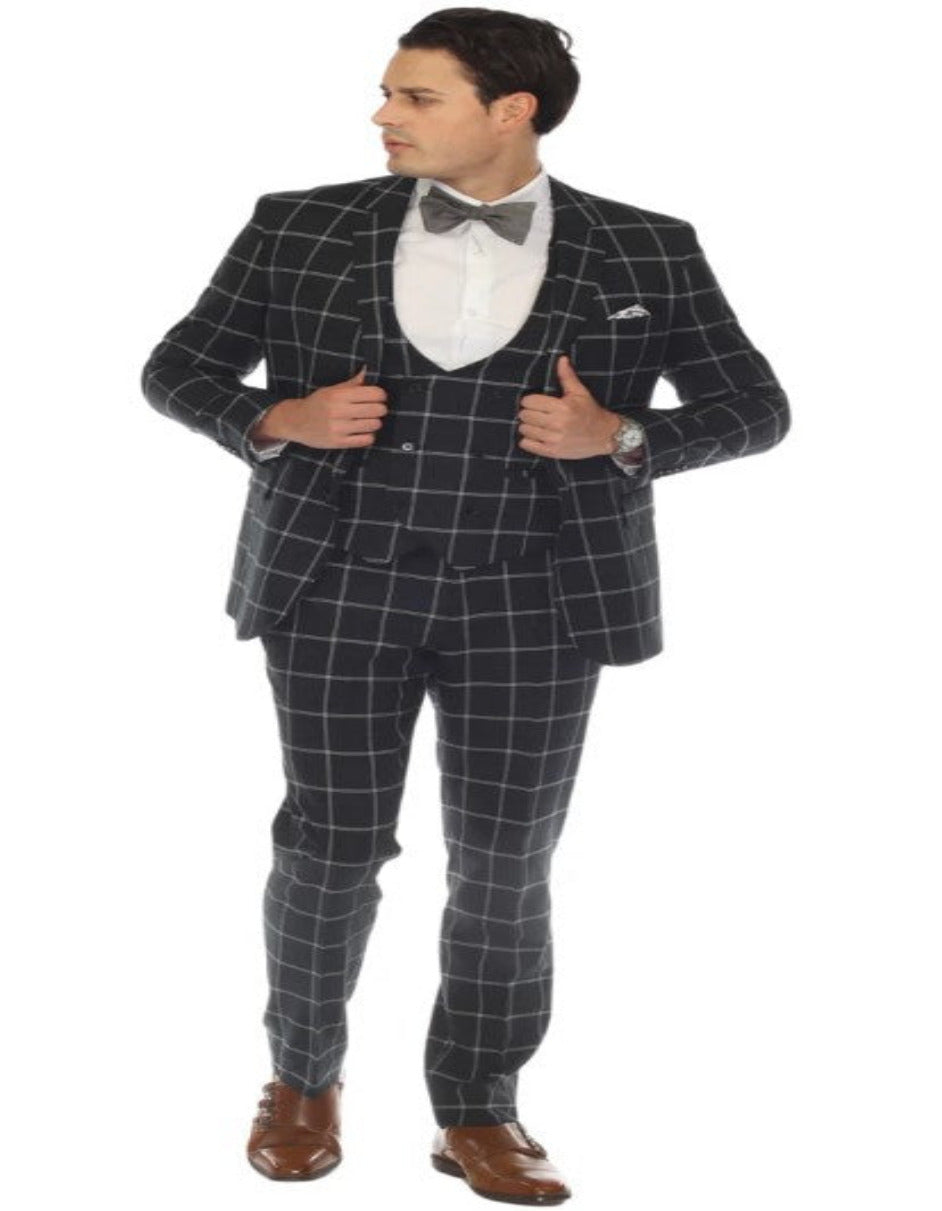 Mens Plaid Suit - Windowpane Pattern With Vest - Business Suit Hunter Green - Coat Size 38
