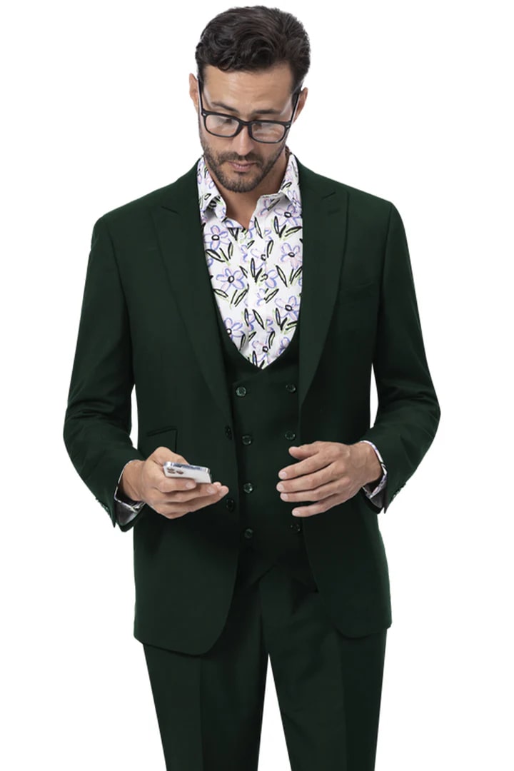 Cheap Suit - Mens Modern Two Button Vested Peak Lapel Hunter Green Suit With Double Breasted Vest - 38 Short Jacket+32 Waist Adjustable 28to34)(Height: 5 4 to5 7 )(Neck 15-16.5)S-M)