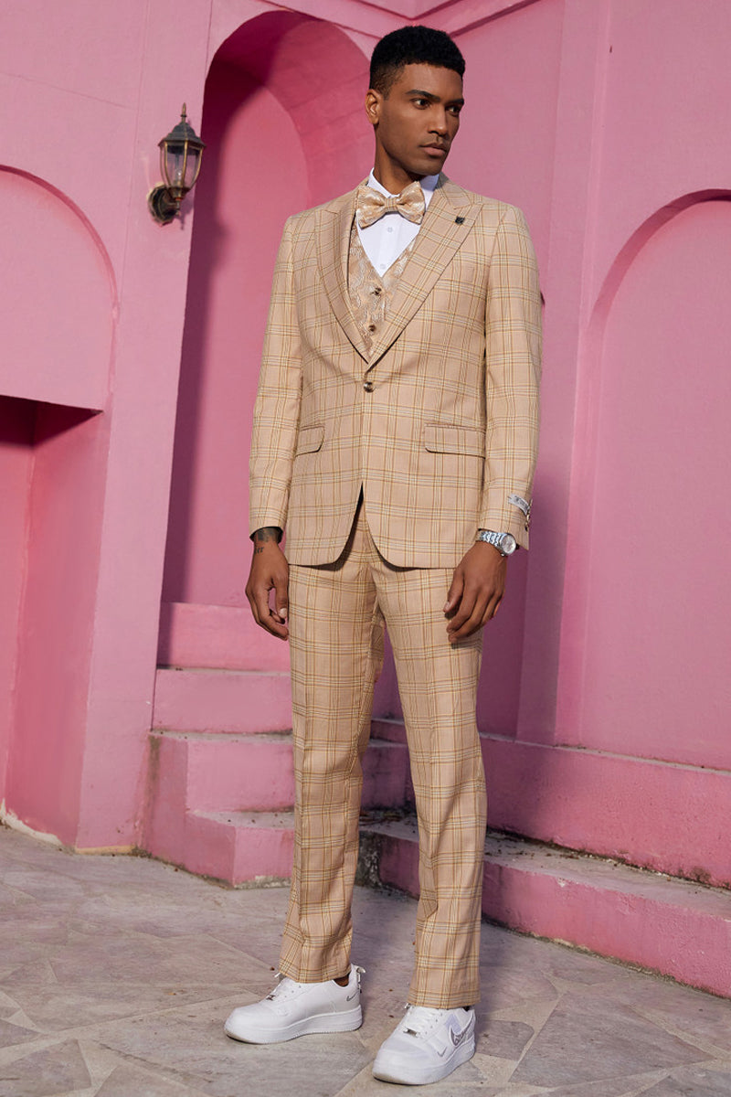 "Mens Stacy Adams Suit -Stacy Adams Men's Plaid Suit with Paisley Vest & Bow Tie - Khaki" - 34 Short