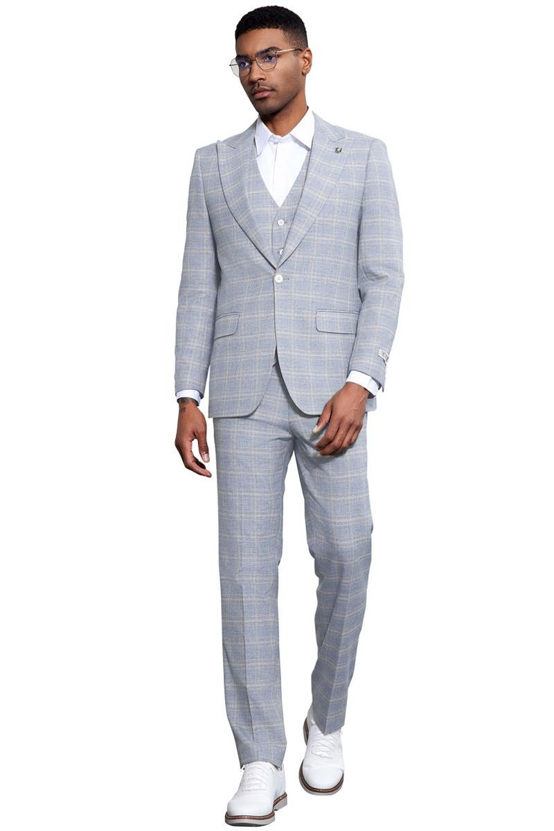Men's Stacy Adams Vested Peak Lapel Baby Blue Plaid Prom & Wedding Suit - 38 Regular