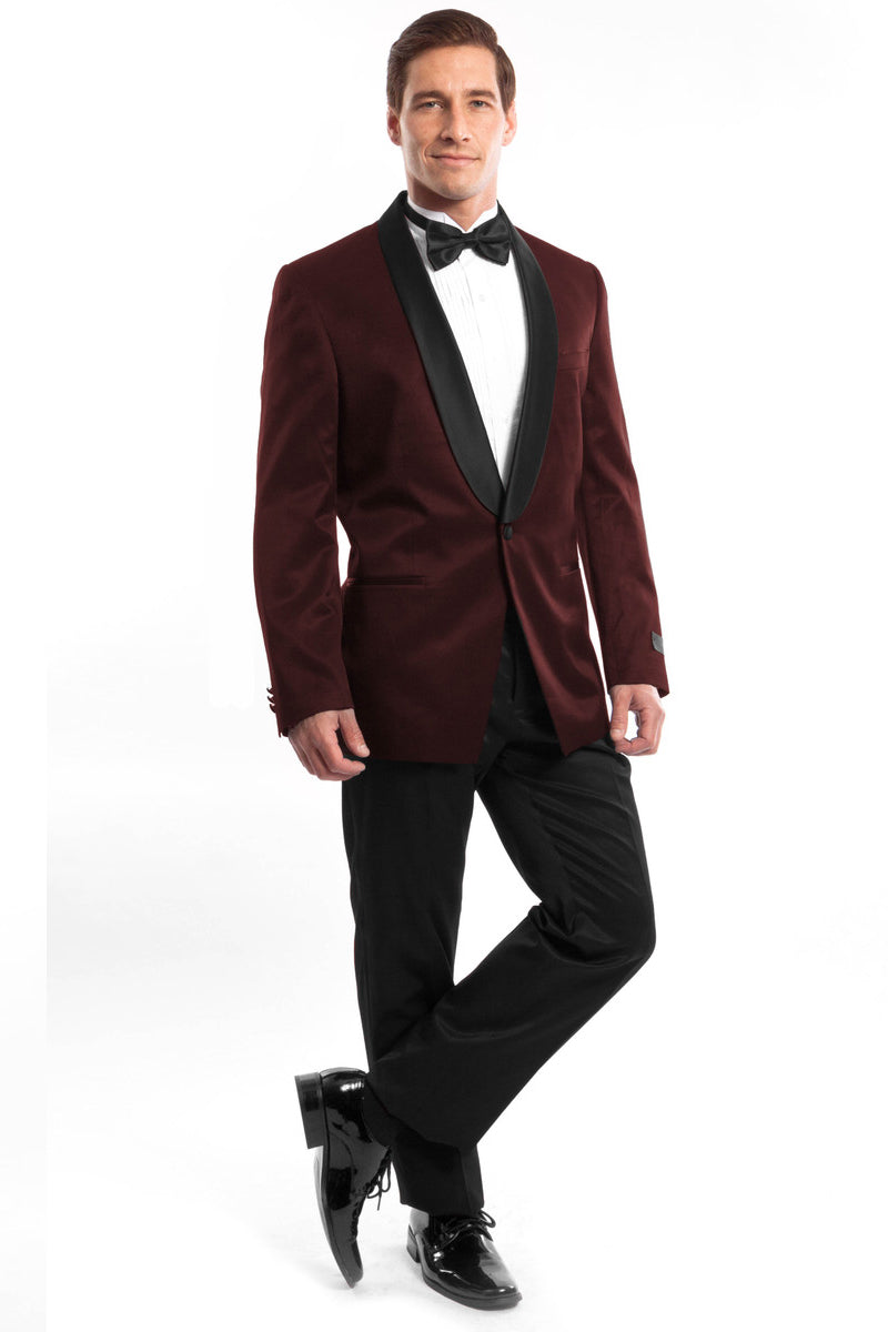 "Burgundy Satin Birdseye Men's Slim Fit Shawl Tuxedo"