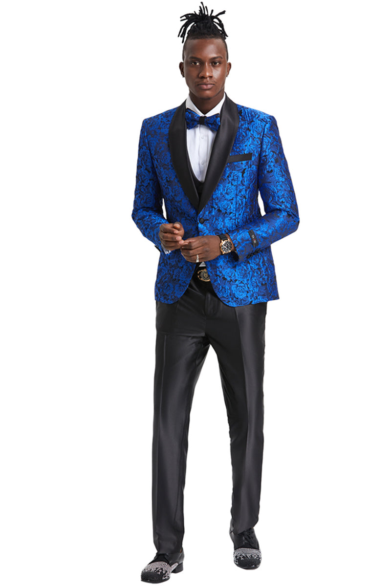 "Royal Blue Men's Slim Fit Paisley Floral Prom Tuxedo with One Button"