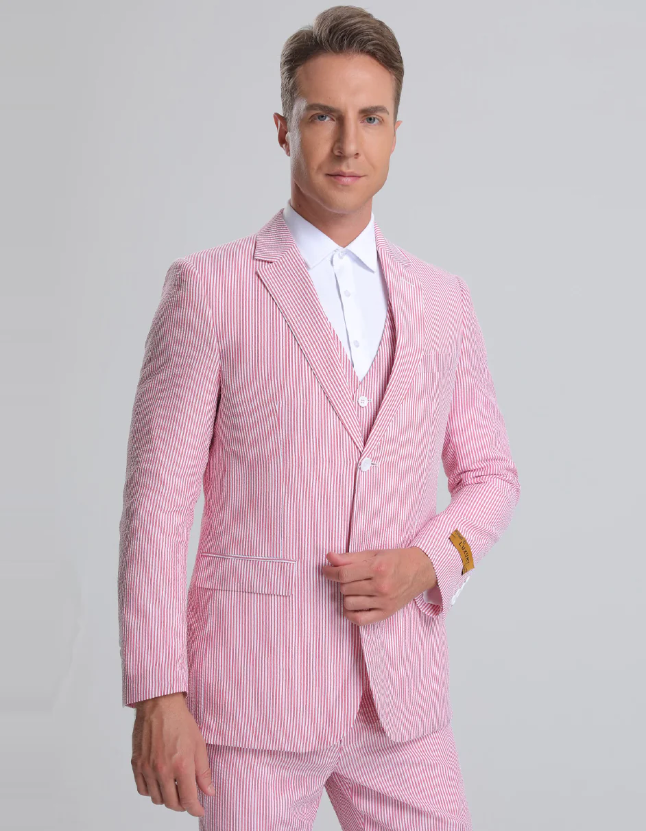 Best Mens Vested Summer Seersucker Suit in Red Pinstripe  - For Men  Fashion Perfect For Wedding or Prom or Business  or Church