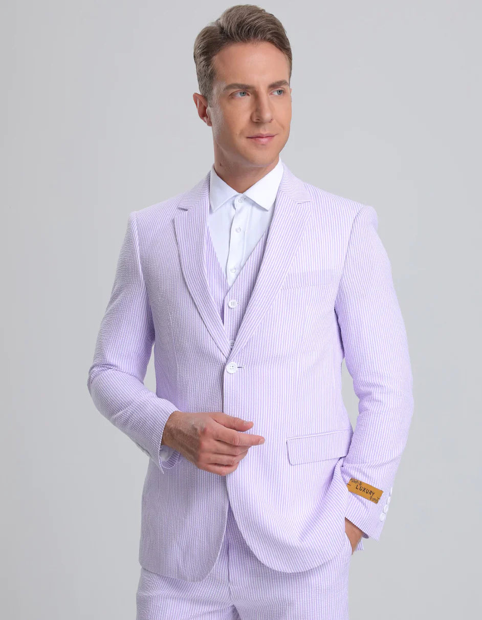 Kentucky Derby Seersucker Suits For Men - Big and Tall Seersucker Suit Mens Vested Summer Seersucker Suit in Lavender Pinstripe