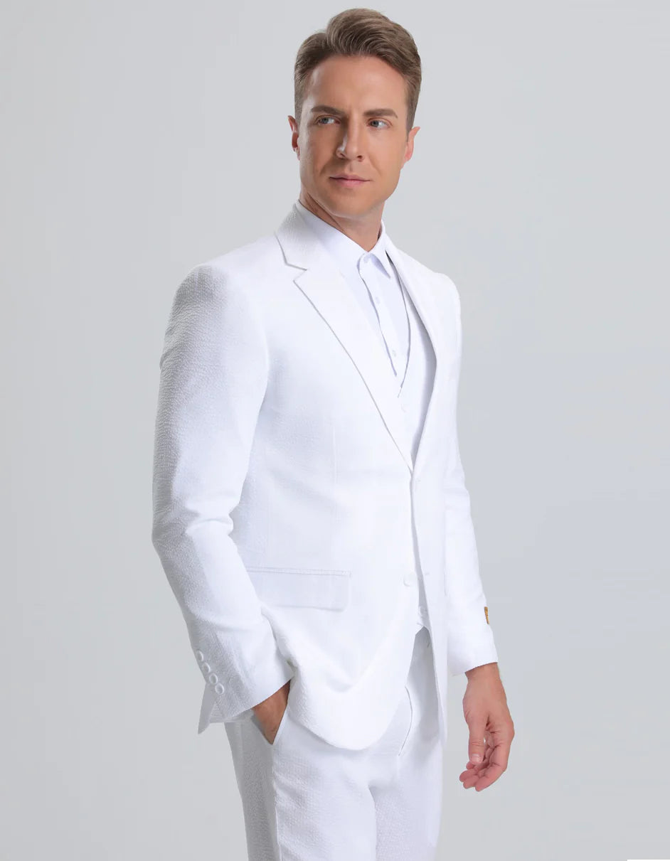 Kentucky Derby Seersucker Suits For Men - Big and Tall Seersucker Suit Mens Vested Summer Seersucker Suit in White Pinstripe