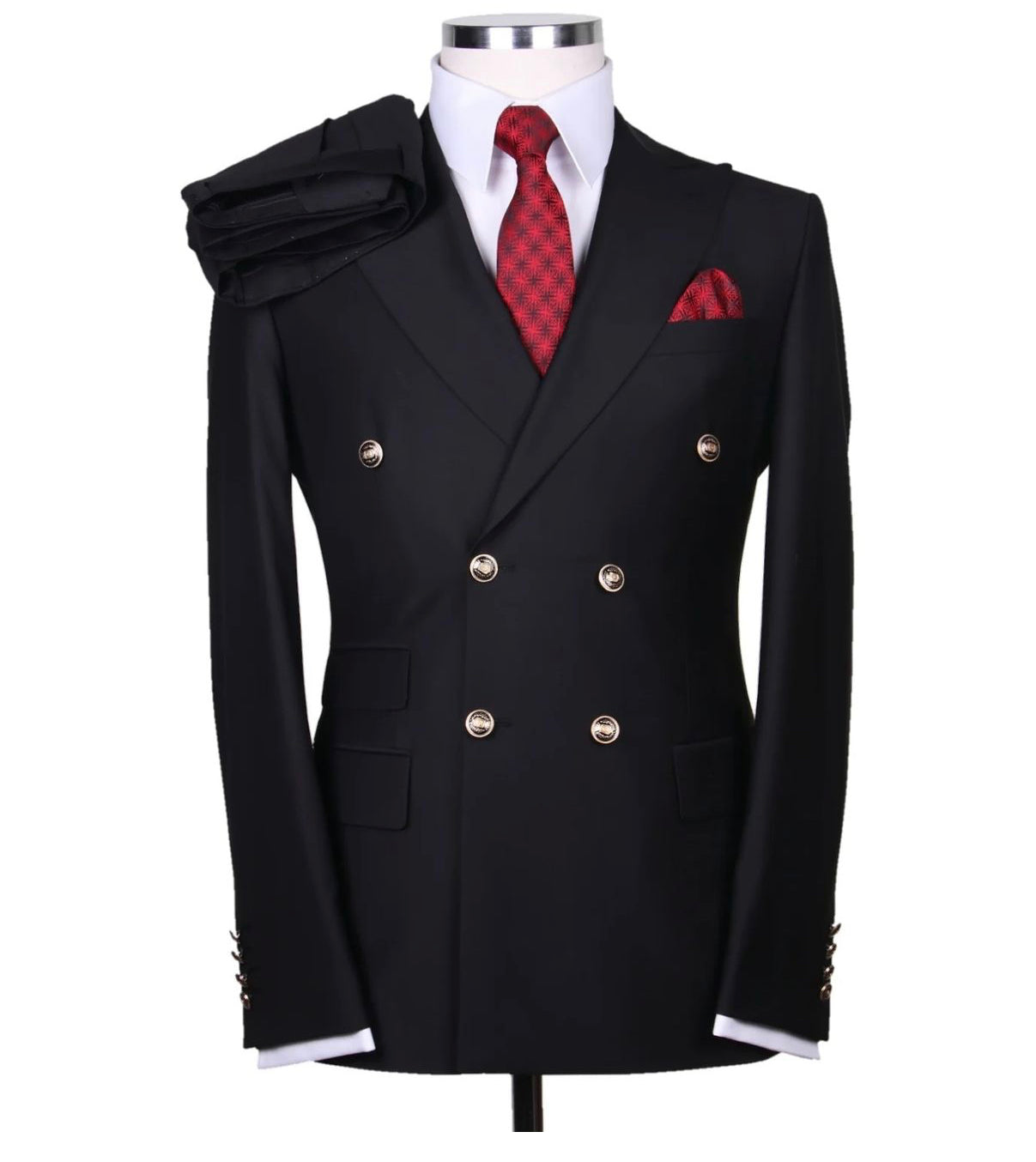 Mens Classic Wool Double Breasted Suit in Black - 38 Short Jacket+32 Waist Adjustable 28to34)(Height: 5 4 to5 7 )(Neck 15-16.5)S-M)