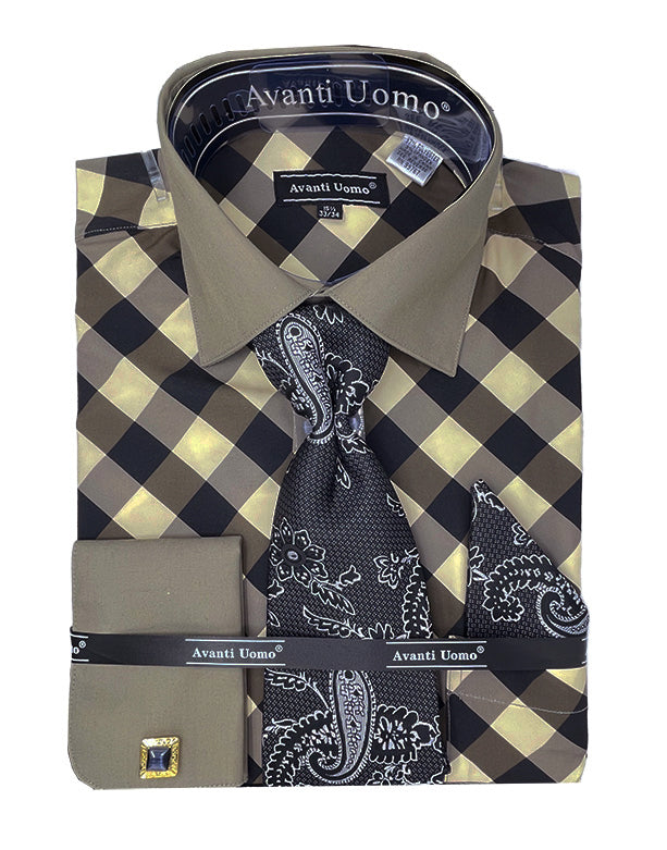 "Black Check Dress Shirt Set, Men's French Cuff with Contrast Collar"
