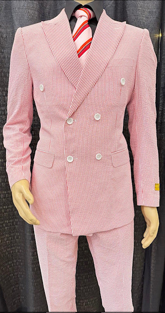 Red Double Breasted Suit - Red and White Pinstripe Suit - Red Seersucker Suit - Cotton Suit - 38 Short Jacket+32 Waist Adjustable 28to34)(Height: 5 4 to5 7 )(Neck  15-16.5)S-M)