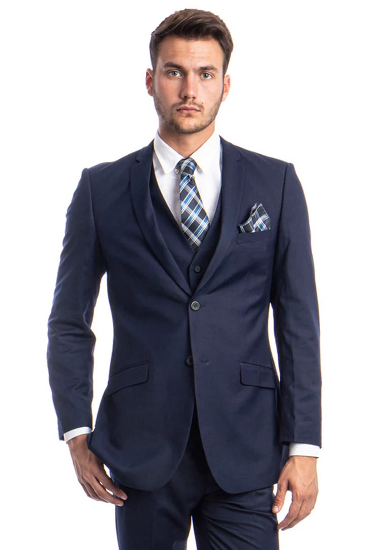 Wide leg Suits - Classic Fit Suits - Athletic Fit Suits 1 Button Vested Suits - Wool Navy Suits - 100% Percent Wool Fabric Suit - Worsted Wool Business Suit