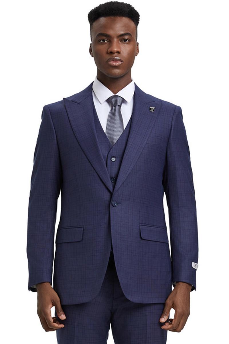 Men's Stacy Adams Vested One Button Wide Peak Lapel Windowpane Plaid Suit in Eggplant Purple - 38 Regular