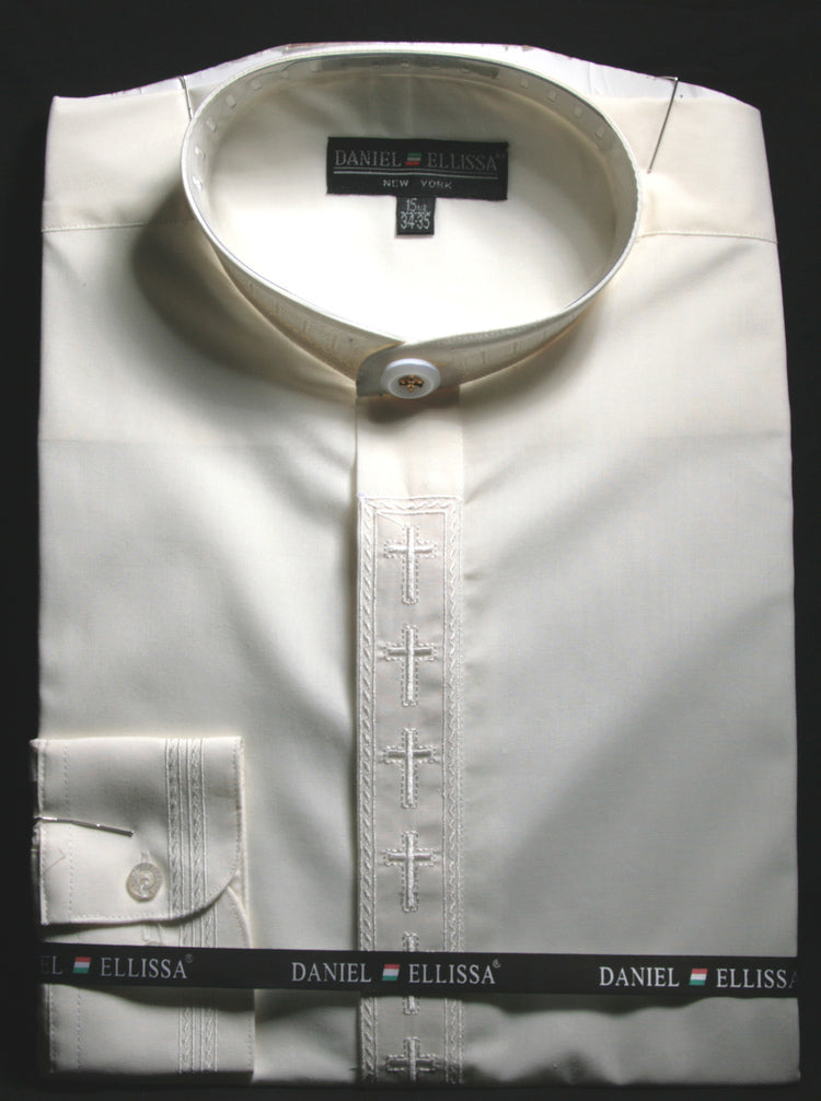 "Clergy Shirt for Men - Ivory Banded Collar with Cross Embroidery"