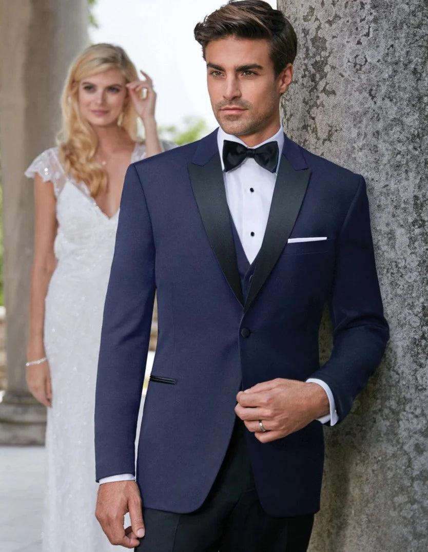 Mens Navy Blue Wedding Tuxedo - Dark Blue Tuxedo Suit" Mens Designer Satin Peak Blake Tuxedo in Navy