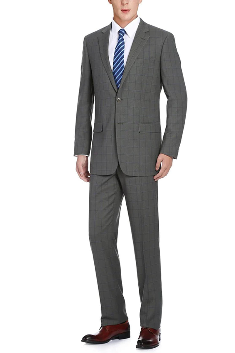 "Grey Windowpane Plaid Men's Two Button Classic Fit Suit"