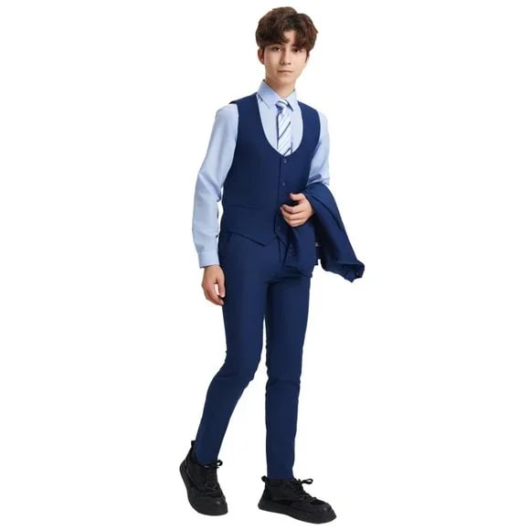 Exclusive Stacy Adams 5pc Boys Suit Solid Slim Fit, Indigo - Boy Size : 4 (Weight 38 to 49)