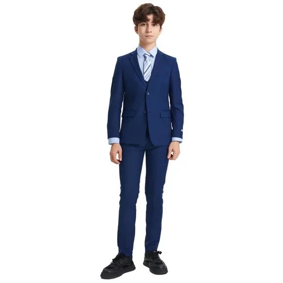 Exclusive Stacy Adams 5pc Boys Suit Solid Slim Fit, Indigo - Boy Size : 4 (Weight 38 to 49)