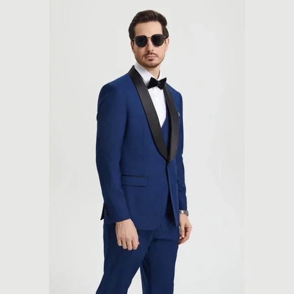 Stacy Adams 3pc Tuxedo Shawl Lapel, Blue Indigo - 38 Short Jacket+32 Waist Adjustable 28to34)(Height: 5 4 to5 7 )(Neck 15-16.5)S-M)