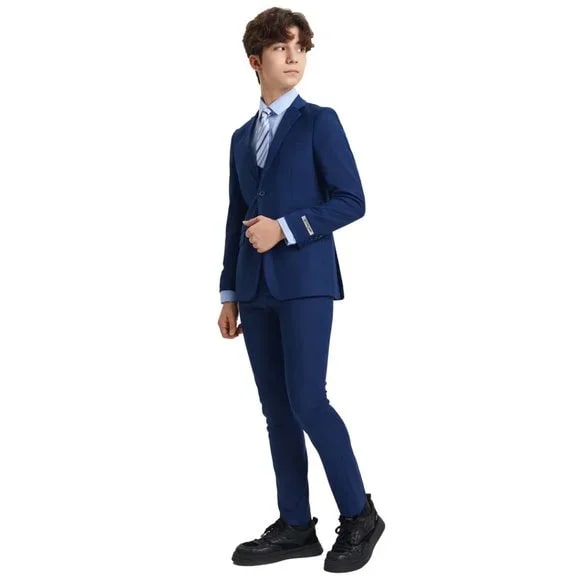 Exclusive Stacy Adams 5pc Boys Suit Solid Slim Fit, Indigo - Boy Size : 4 (Weight 38 to 49)