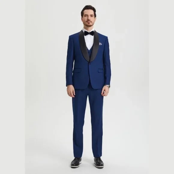 Stacy Adams 3pc Tuxedo Shawl Lapel, Blue Indigo - 38 Short Jacket+32 Waist Adjustable 28to34)(Height: 5 4 to5 7 )(Neck 15-16.5)S-M)