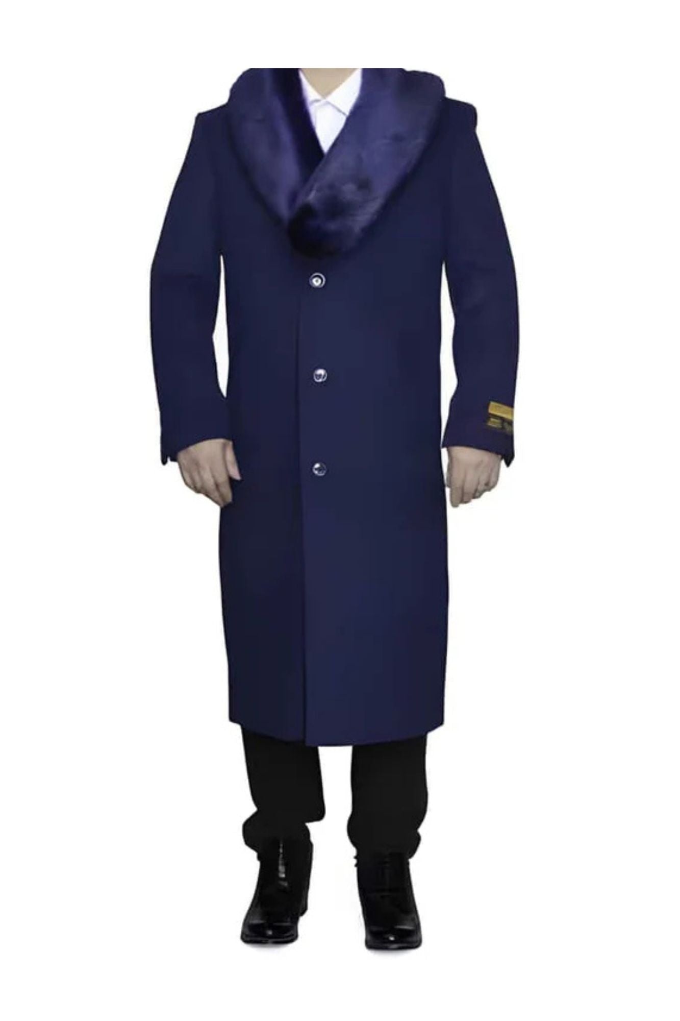 Indigo Blue Removable Fur Collar Ankle length Wool Top Coat/Overcoat | Winter men's Topcoat Sale - Mens Overcoat - Coat Size 38