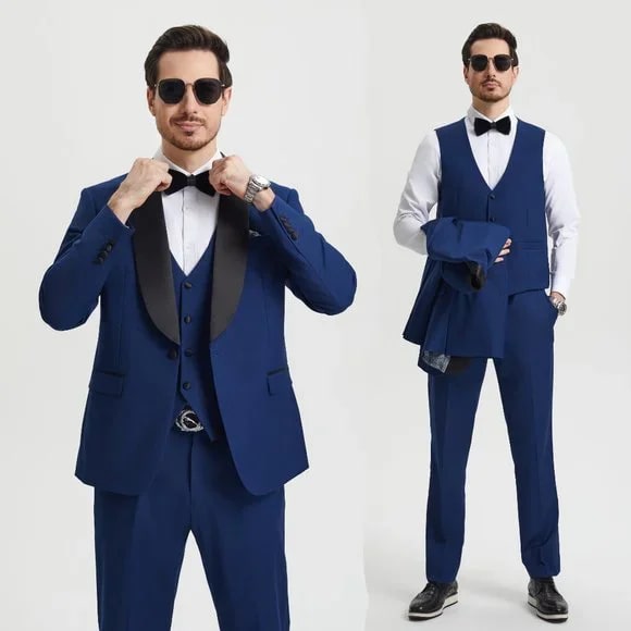 Stacy Adams 3pc Tuxedo Shawl Lapel, Blue Indigo - 38 Short Jacket+32 Waist Adjustable 28to34)(Height: 5 4 to5 7 )(Neck 15-16.5)S-M)