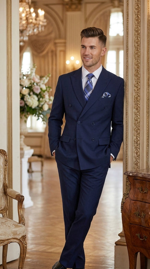 Men’s Classic Navy Double Breasted Suit, Affordable Formal Wedding Business Dress Suit